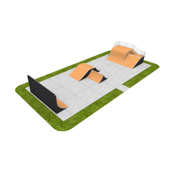 Skate Park 14 with various ramps, rails, and skateboarding obstacles on a concrete platform surround